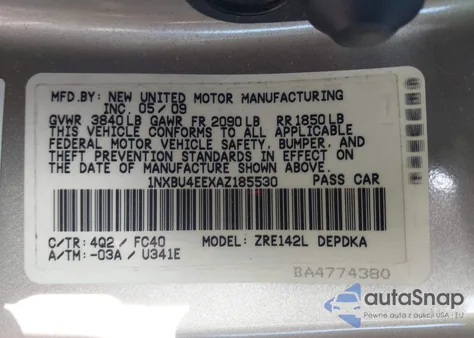 2010 Toyota Corolla Le из США, поврежденный, VIN 1NXBU4EEXAZ185530